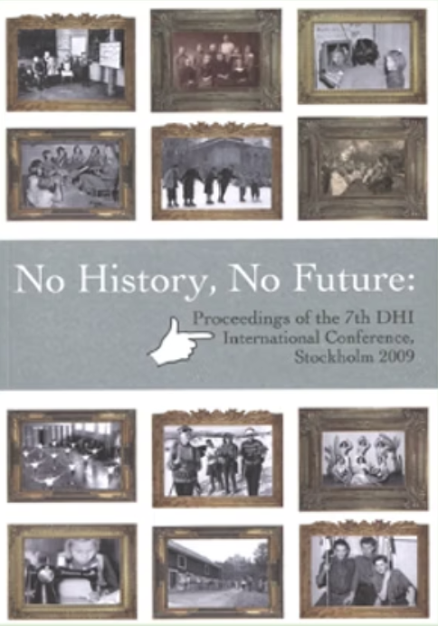 A book titled "No History, No Future" with many small photographs on the cover.